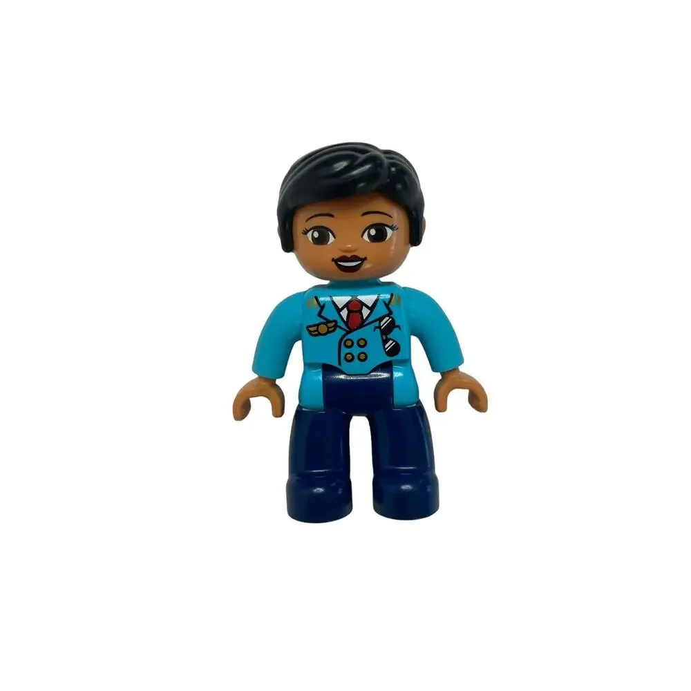LEGO Duplo Female Airline Pilot Blue Suit Black Hair Brown Skin Girl Airport Mom